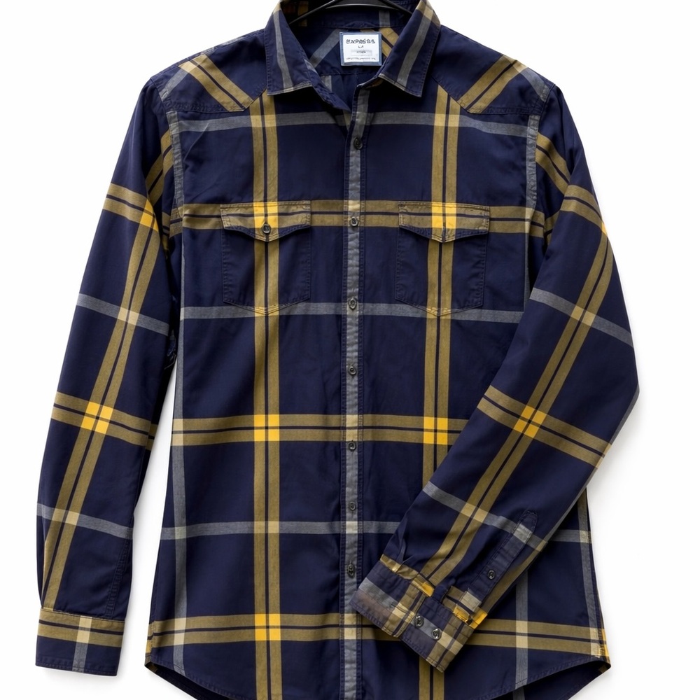 Express Navy and Yellow Plaid Casual Button Down Shirt